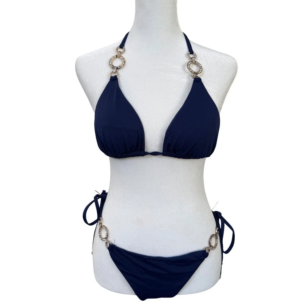 Lady Lux Navy Rhinestone Ring Bikini Set Y2K Halter‎ Tie Sides Made USA Coquette